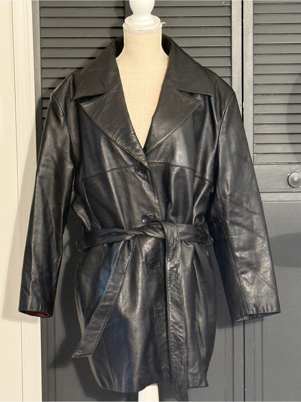 Vintage Wilsons Leather Pelle Studio Black Leather Belted Trench Coat Jacket 2X - Picture 2 of 14